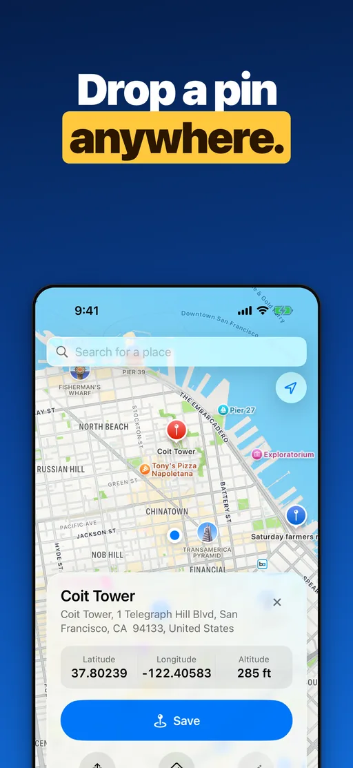 Pin Location map with a dropped pin, its address, latitude, longitude and altitude