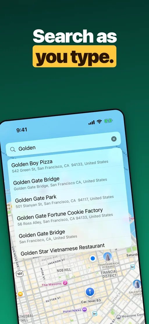 Pin Location place search with suggestions appearing as you type