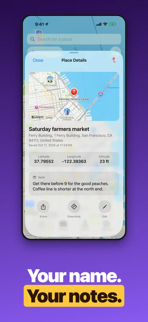 Pin Location Place Details with a custom name and a note