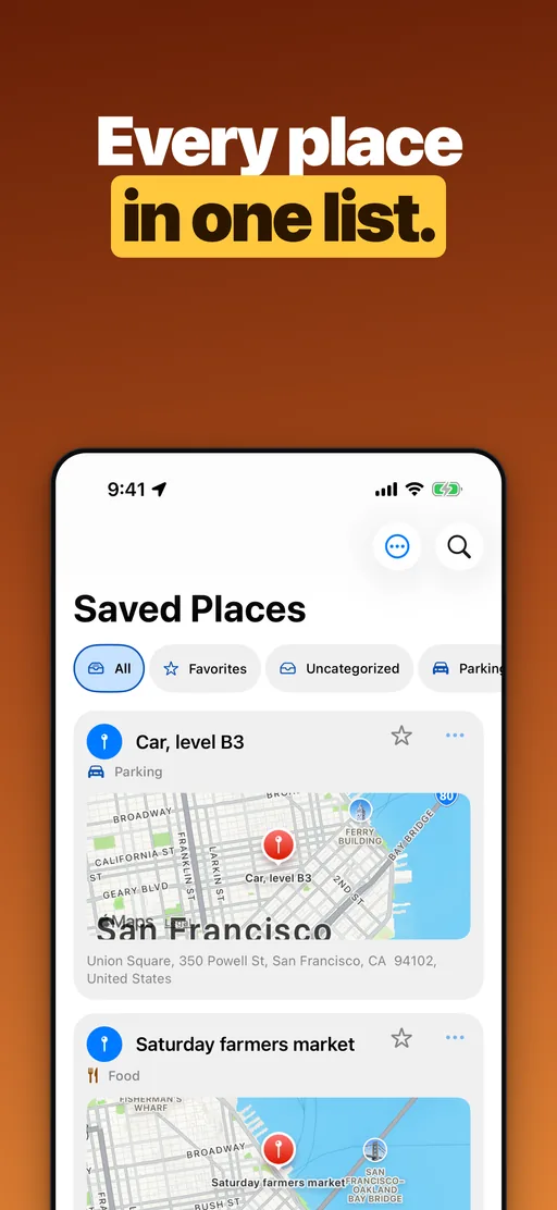 Pin Location Saved Places list with collections and map preview cards