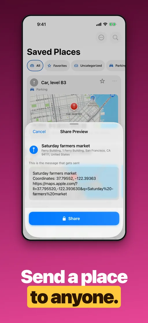Pin Location share preview with the place name, coordinates and a map link