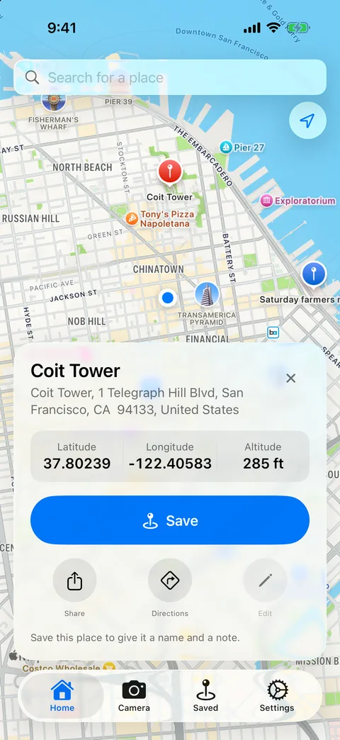 Pin Location map with a pin on Coit Tower and its address, latitude, longitude and altitude