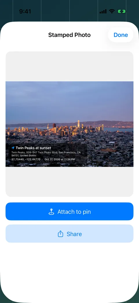 Pin Location stamped photo of the San Francisco skyline with the place name, coordinates and date printed on it