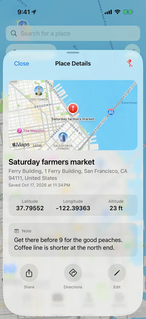 Pin Location Place Details with a saved farmers market, its coordinates and a note