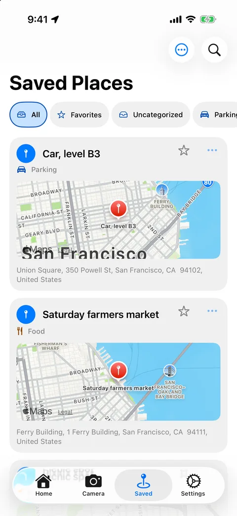 Pin Location Saved Places list with map preview cards for a parking spot and a farmers market